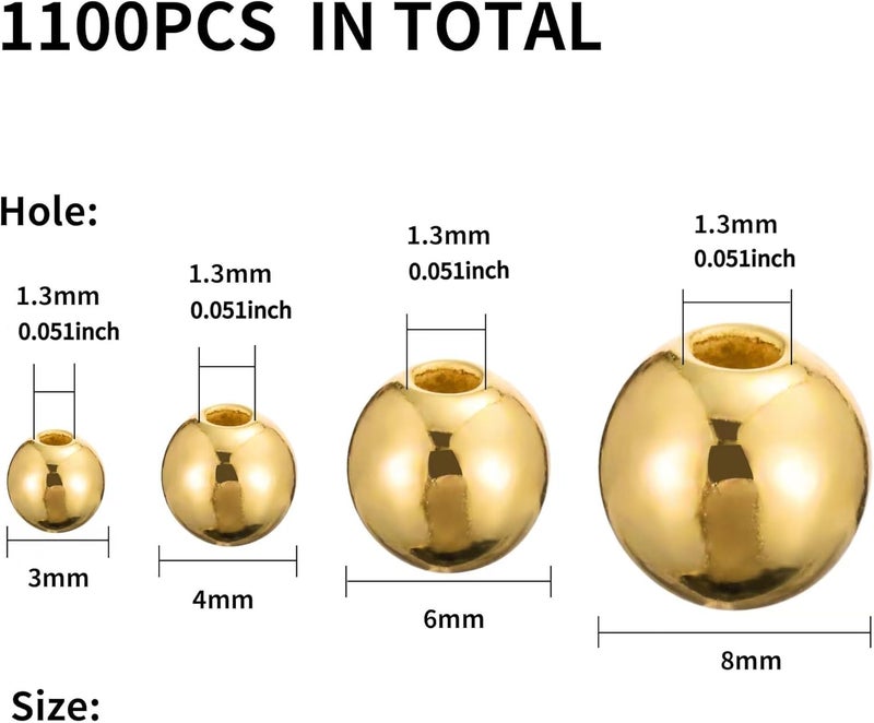 Monigte 1100 Pcs Smooth Round Beads - 3/4/6/8mm Gold Spacer Loose Ball Bead Kits for Bracelet Jewelry Making - Image 2